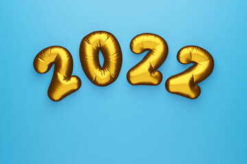 2022 text effect 3d numbers on blue background. Golden inflatable foil balloons. Merry Xmas. 3d render illustration. 