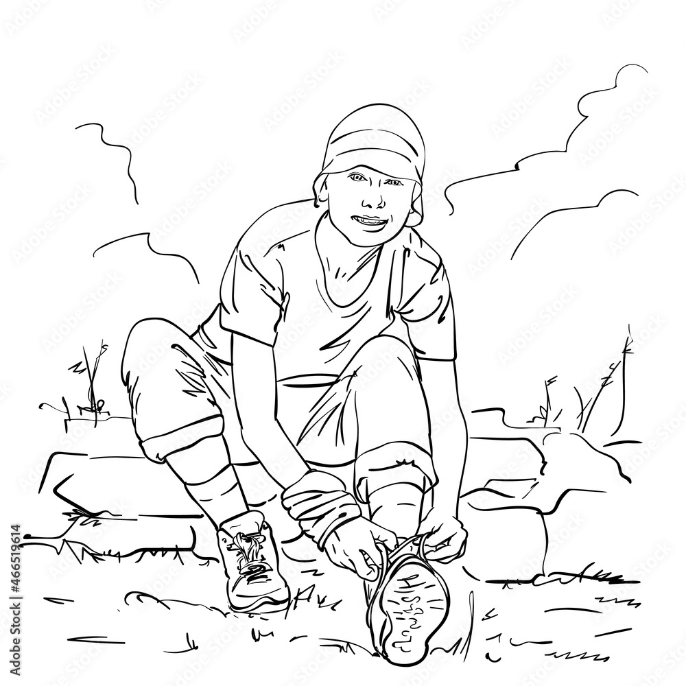 Wall mural Sketch of woman tying up laces on hiking boot outdoor, Hand drawn vector linear illustration