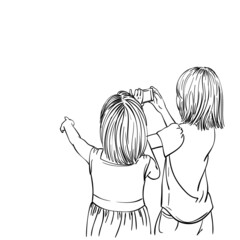 Back view of two asian child girls pointing with finger and taking photo with compact camera, Hand drawn vector linear illustration