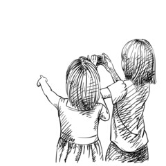 Back view of two asian child girls pointing with finger and taking photo with compact camera, Hand drawn vector illustration