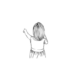 Sketch of little girl pointing with finger, View from back, Hand drawn vector linear illustration