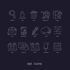 Flat  design icons for  Website. Symbol development services, social media marketing, business company. Magnifier, User, Trash, Shopping  cart, location, mail, mobile phone, notes, cloud, adjust, 