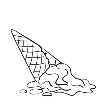 Dropped Ice Cream Doodle, Black Line Soft Icecream In Waffle Cone Clipart On White Background, Vector Illustration