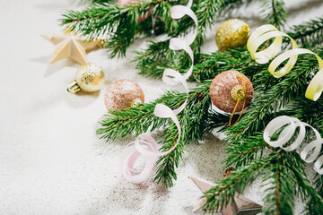 Christmas holiday concept background green branches and decorations