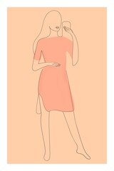 Abstract drawing of a beautiful girl wanting a selfie on her phone drawn in one line. For the cover, cover, social networks, page design. The girl is photographed using a gadget.