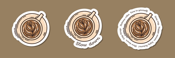 Colorful hand-drawn autumn mood sticker set with a cup of cappuccino, in doodle style isolated on white background. Cute vector collection for seasonal decoration.