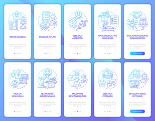 Career development gradient onboarding mobile app page screen set. Job walkthrough 5 steps graphic instructions with concepts. UI, UX, GUI vector template with linear color illustrations collection