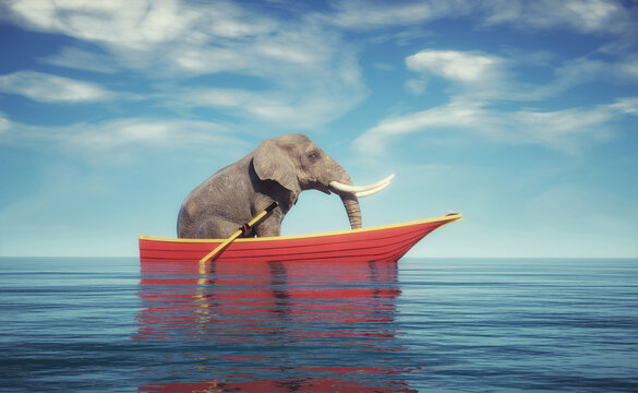 Elephant on a boat in the ocean.