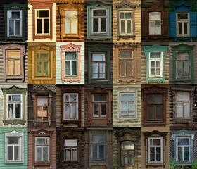 Decorated ornamental carved windows, frames on vintage wooden rural house. Russian traditional national folk style in wooden architecture.