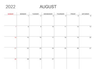 Calendar template for planners. Calendar 2022.