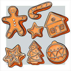 A set of gingerbread cookies. Colored vector drawings. Suitable for patterning, postcards and packaging.
