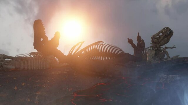 dead dinosaur bodies, dinosaur skeletons after extinction 3d render