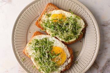 Fried egg sandwich with microgreens.
