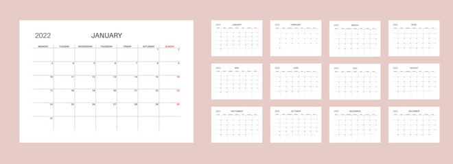 Calendar template for planners. Calendar 2022.