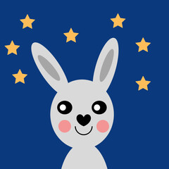 A gray hare with a cute smile on a blue background. The illustration is suitable for a postcard, t-shirt, poster, nursery decor