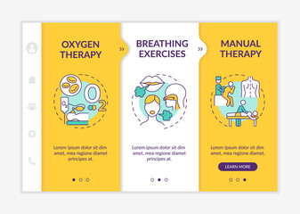 Pulmonary rehabilitation and therapy onboarding vector template. Responsive mobile website with icons. Web page walkthrough 3 step screens. Treatment methods color concept with linear illustrations