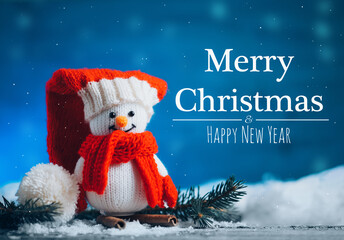 Happy snowman in winter decorations, Merry Christmas greeting card and Happy New Year