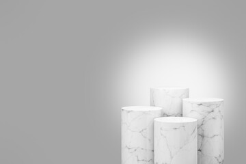 Cylinder step white marble podium with colored background in luxury studio scene. Modern showroom interior 3d rendering image for product display.