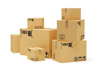 Stack of different sized carton cardboard delivery boxes over white background, freight, cargo, delivery or storage concept