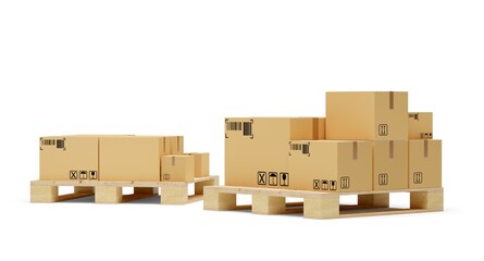 Carton cardboard boxes on two wooden pallets over white background, freight, cargo, delivery or storage concept
