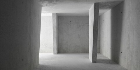 Abstract empty, modern concrete room with indirect lighting with sloped walls to the sides and rough floor - industrial interior background template