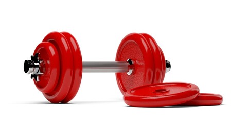Single fitness gym dumbbell with chrome handle and red plates stack in front over white background, muscle exercise, bodybuilding or fitness concept object