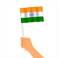 Hand holding indian flag. National flag of India. Raster illustration isolated on white background.