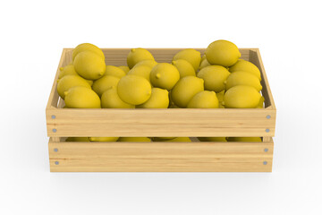 wooden crate with lemones on white background. Isolated 3D illustration