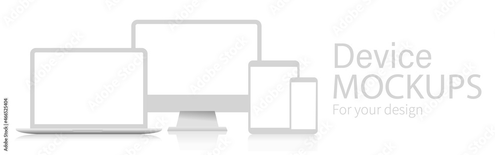 Poster set of computer monitor, laptop, tablet and mobile phone realistic white mockup. blank devices mock 