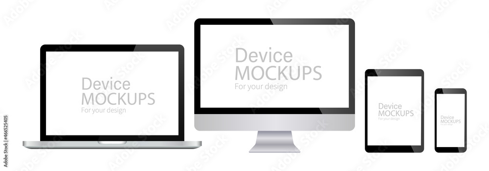 Poster set of computer monitor, laptop, tablet and mobile phone realistic mockup. blank devices template. s