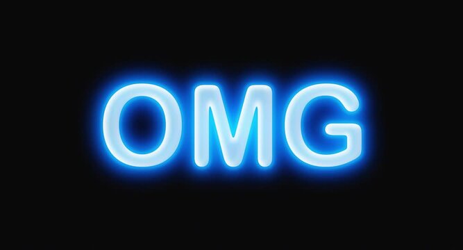 Motion design animation omg word blue neon light shimmer inscription isolated on black oh my god