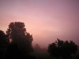 Fototapeta na wymiar Jesienny wschód słonca przebija sie przez mgłe