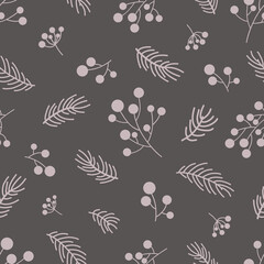 Pale light pink berries of rowan, fir branches  on a coffee-gray background. Seamless winter doodle pattern. Suitable for packaging, wallpaper.