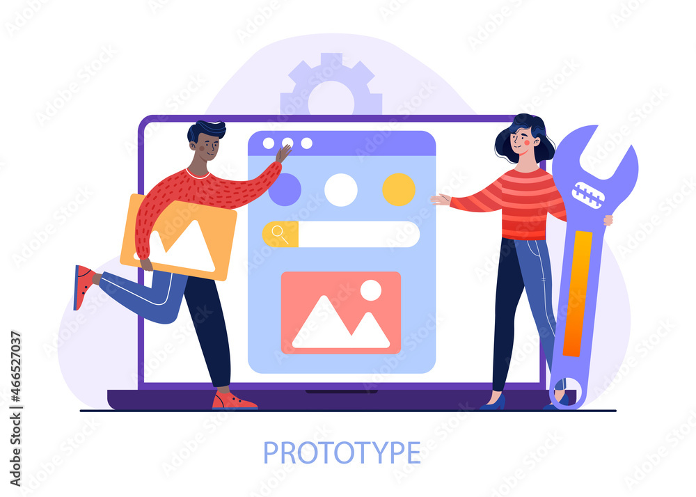 Poster website template development. man and girl created prototype. creation of mobile application, layout