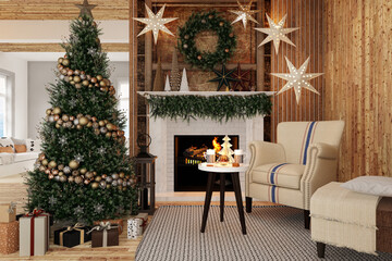 New year tree in scandinavian style interior with christmas decoration and fireplace	