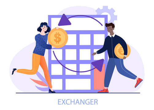 Concept of urrency exchange. Man carries coin to girl who brings him dollar. Favorable rate, investment, earnings, savings. Financial literacy, banking services. Cartoon flat vector illustration