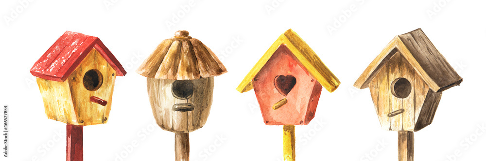 Wall mural Colorful Birdhouse set. Watercolor hand drawn illustration, isolated on white background