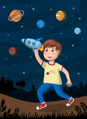 Vector illustration with boy playing cosmos rocket. Children space illustration.