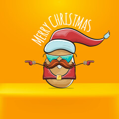 vector rock star Santa Claus potato funny cartoon cute character with red Santa hat and calligraphic merry Christmas text isolated on orange background. Rock n roll funky Christmas party banner