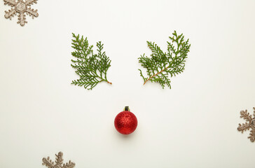 Thuja branch and christmas red ball decoration on white background.