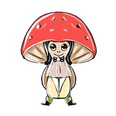 Illustration print little girl with a mushroom