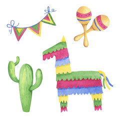 Watercolor mexican symbols such as pinata, maracas, flags, cacti. Hand-drawn illustrations for design fiesta cards.