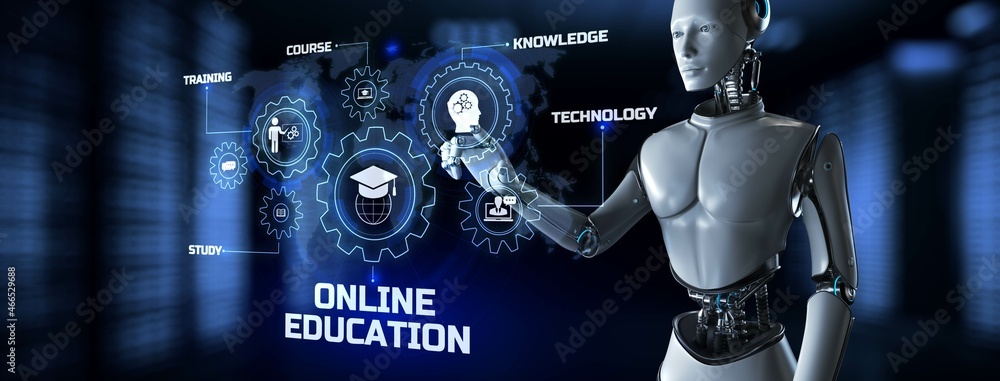 Poster online education e-learning concept. robot pressing button on screen 3d render.