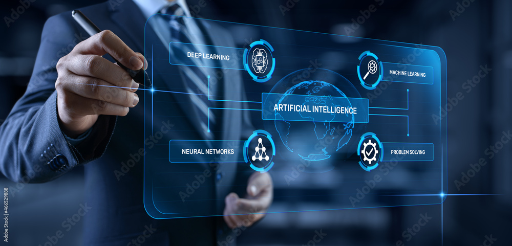 Poster ai artificial intelligence neural network machine learning modern technology concept. businessman pr