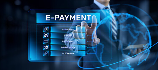 E-payment digital money online banking. Businessman pressing button on screen.