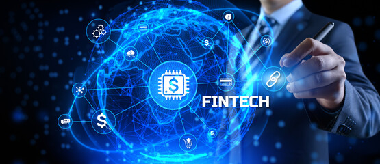 Fintech financial technology digital money internet banking concept on screen.