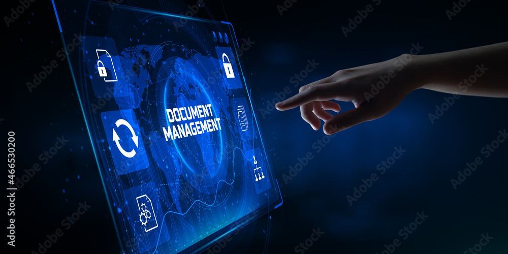 Poster dms document management system business automation technology concept. hand pressing button on scree