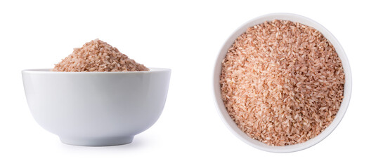 set of whole grain brown rice in a bowl, isolated in white background
