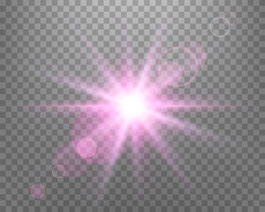 Sunlight lens flare, sun flash with rays and spotlight. Pink glowing burst explosion on a transparent background.  .Vector illustration.