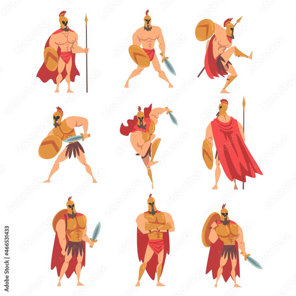 Poster spartan man in red cloak and helmet armed with spear and shield standing and attacking vector set